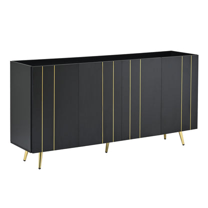 Luxurious Shoe Cabinet with 5 Metal Legs, Modern TV Stand with 4 Adjustable Shelves for TVs Up to 70", Minimalist Sideboard Cabinet with Gold Lines Doors for Living Room,62.9"x 31.4",Black