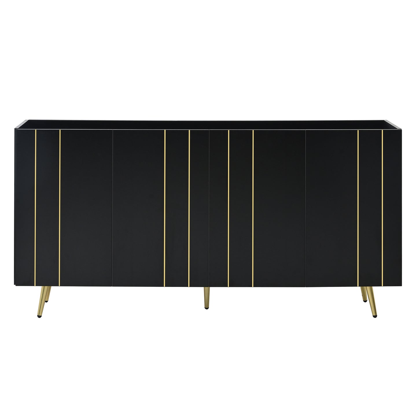 Luxurious Shoe Cabinet with 5 Metal Legs, Modern TV Stand with 4 Adjustable Shelves for TVs Up to 70", Minimalist Sideboard Cabinet with Gold Lines Doors for Living Room,62.9"x 31.4",Black