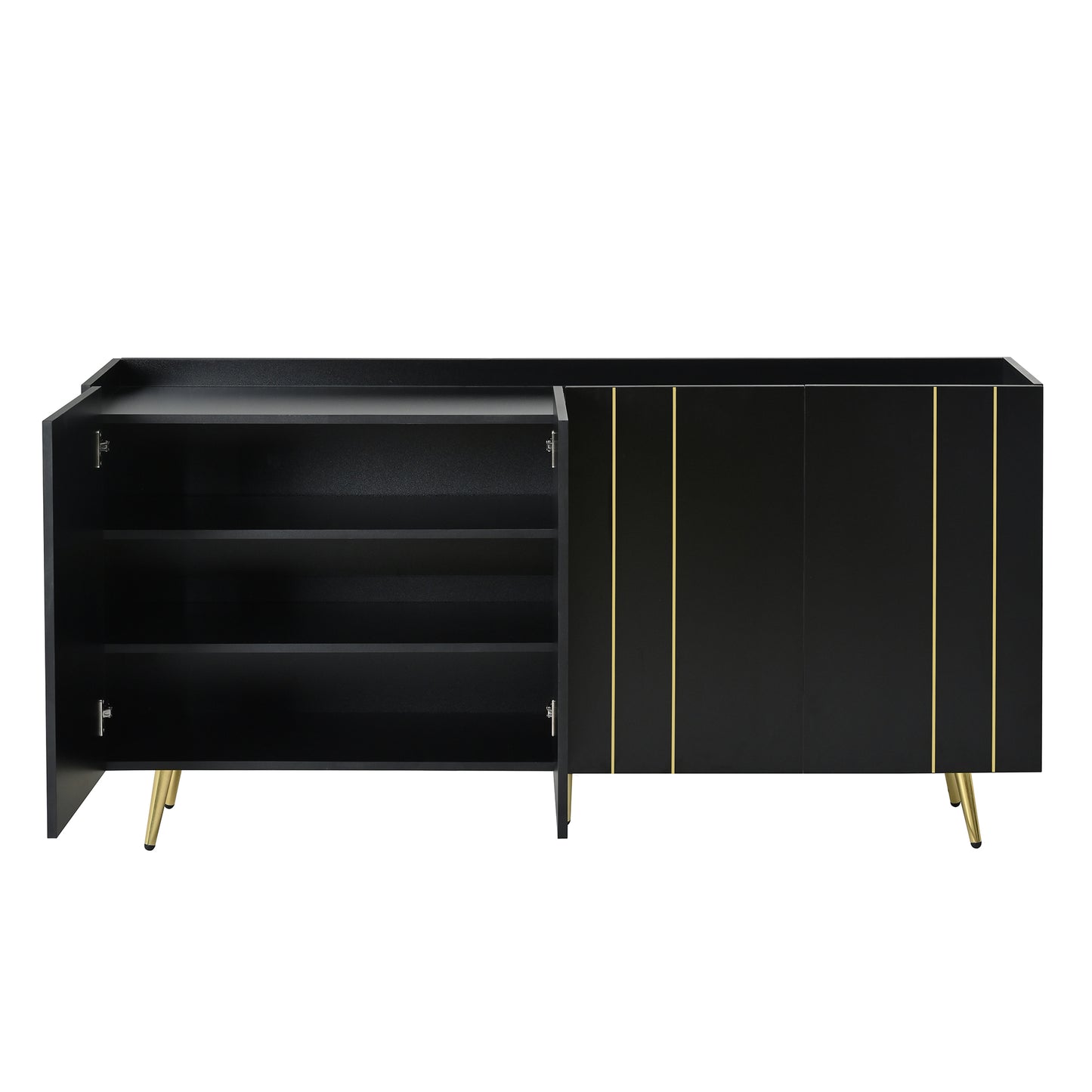 Luxurious Shoe Cabinet with 5 Metal Legs, Modern TV Stand with 4 Adjustable Shelves for TVs Up to 70", Minimalist Sideboard Cabinet with Gold Lines Doors for Living Room,62.9"x 31.4",Black