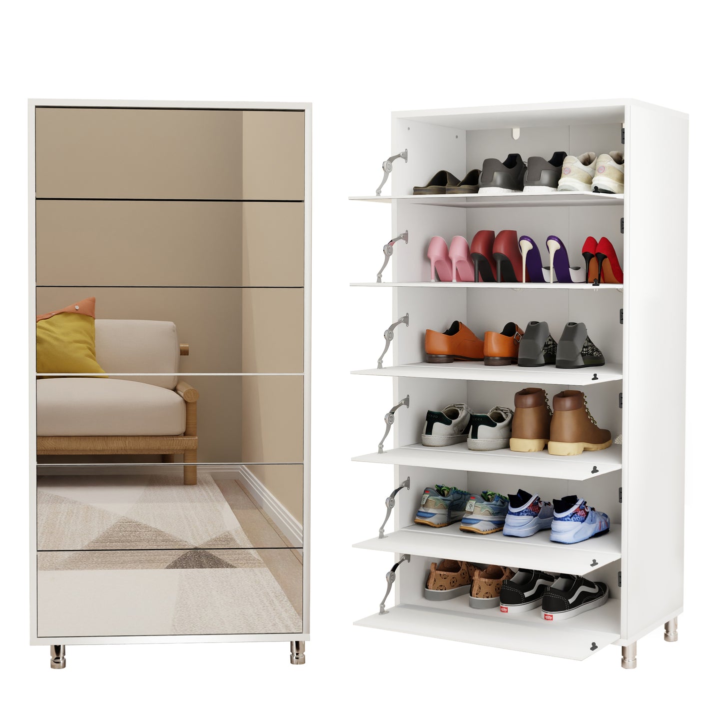 Mirror Shoe Cabinet With 6 Flip Drawers, Mirror Shoe Rack Organizer Store Ample Shoes, Mirror Shoe Storage With 4 Metal Legs, Door Opening Using Hand-Touch Flip-Out Door, White