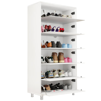 Mirror Shoe Cabinet With 6 Flip Drawers, Mirror Shoe Rack Organizer Store Ample Shoes, Mirror Shoe Storage With 4 Metal Legs, Door Opening Using Hand-Touch Flip-Out Door, White