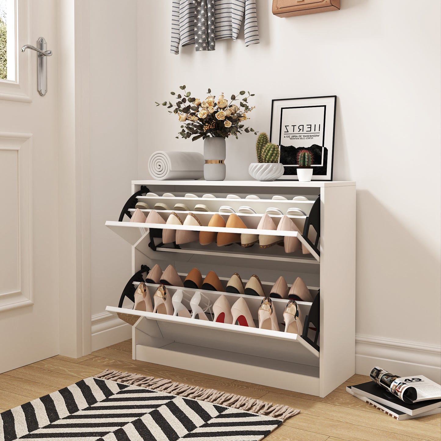 2 Tier Shoe Storage Cabinet with Draders for Entryway,Bedroom,Flip Door Design Shoe Cabinet