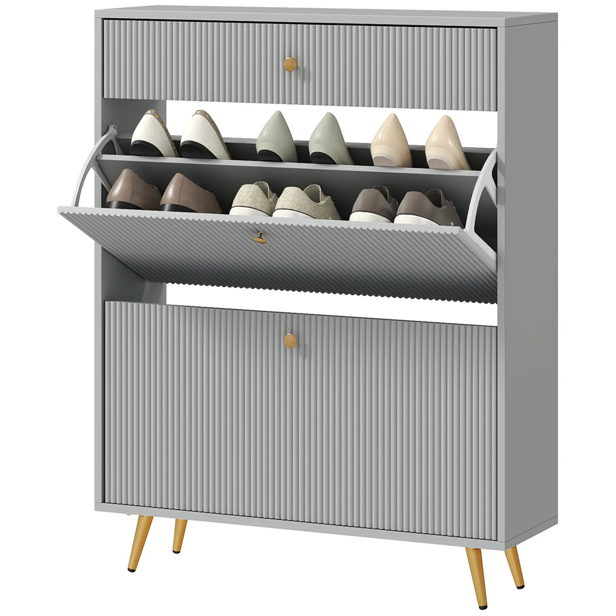 Gray shoe cabinet with adjustable shoe rack