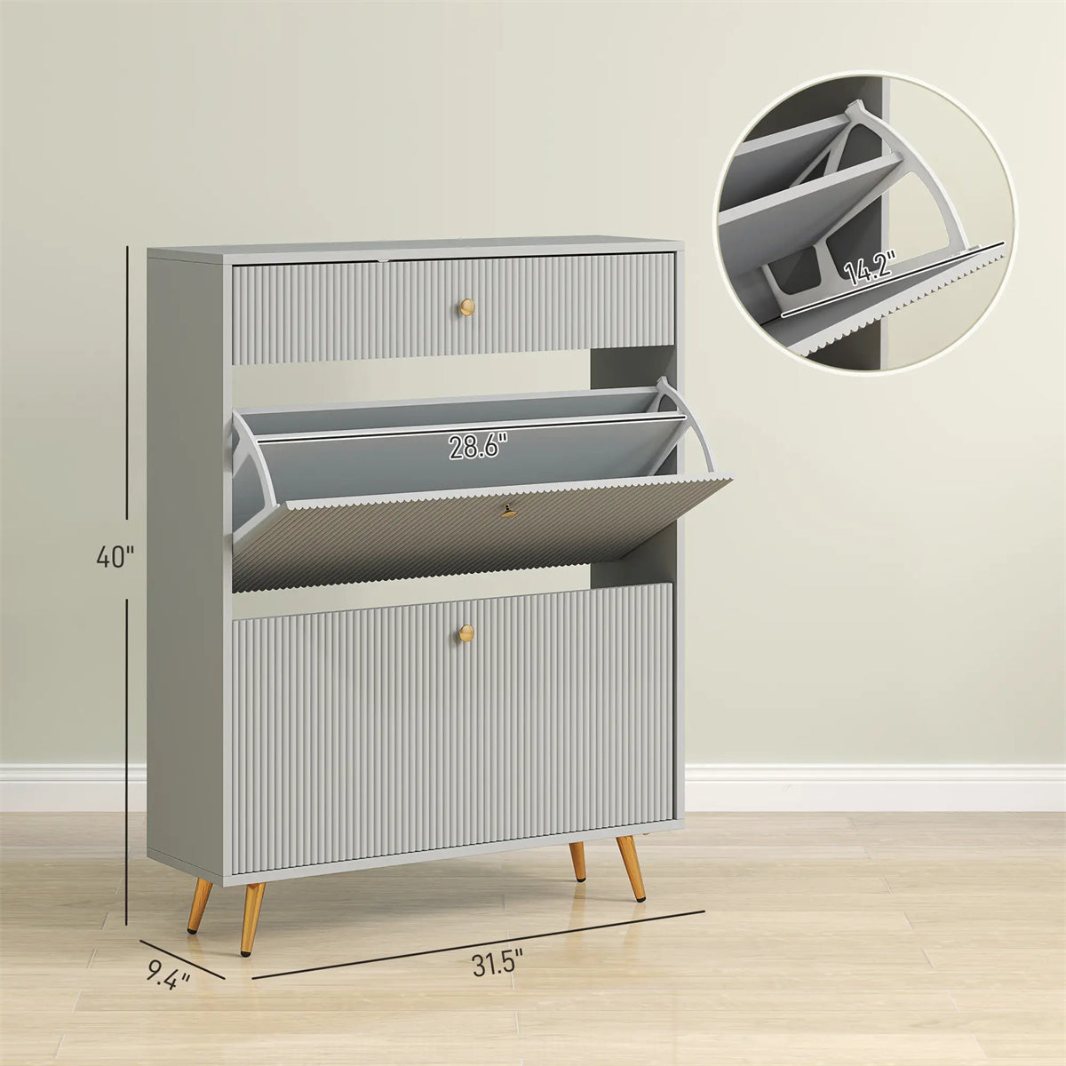 Gray shoe cabinet with adjustable shoe rack