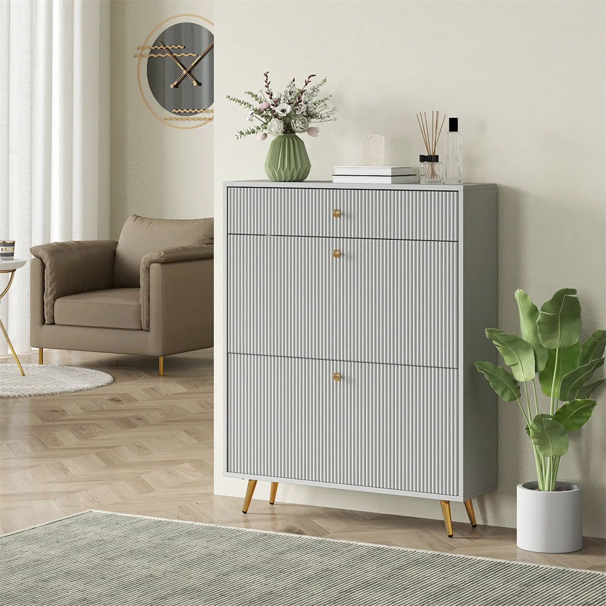 Gray shoe cabinet with adjustable shoe rack