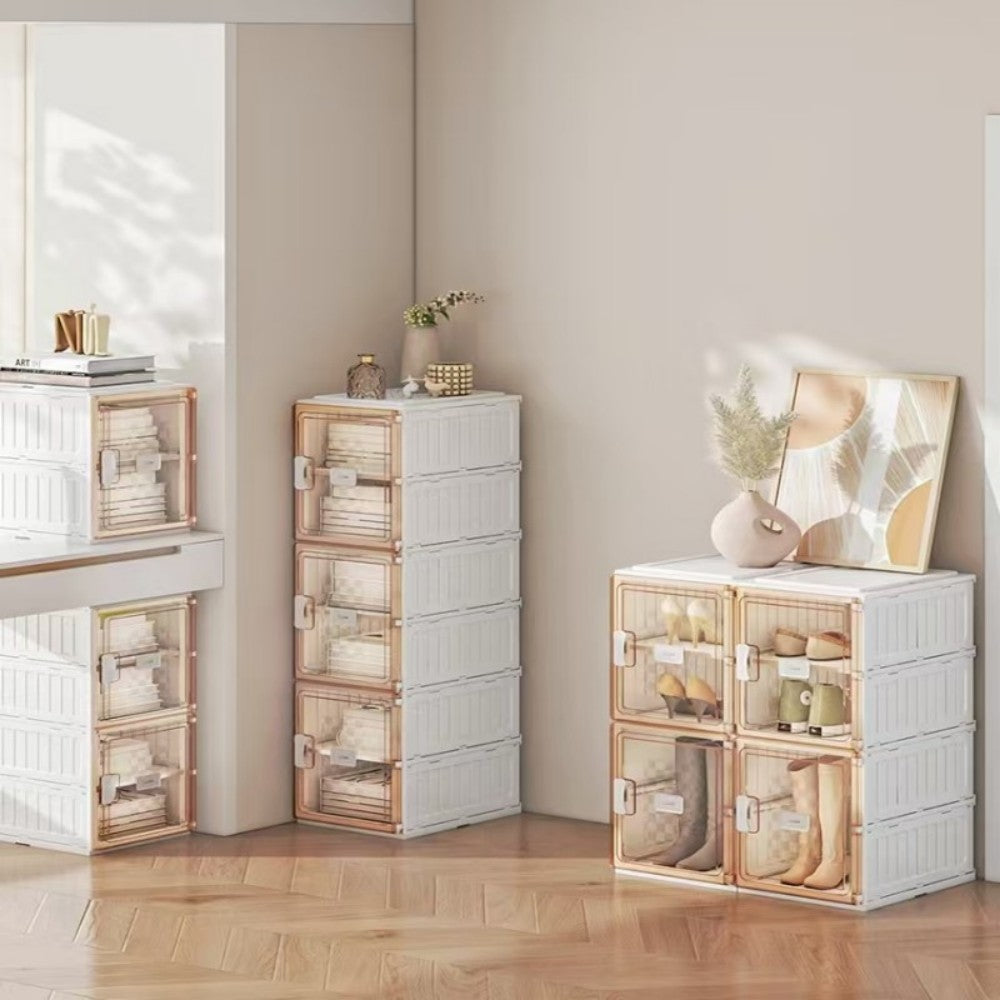 A row of ten-layer foldable and stackable multi-size shoe racks is easy to assemble, with high stability and space saving. The storage organizer is equipped with a dustproof transparent door,