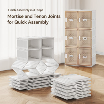 A row of ten-layer foldable and stackable multi-size shoe racks is easy to assemble, with high stability and space saving. The storage organizer is equipped with a dustproof transparent door,