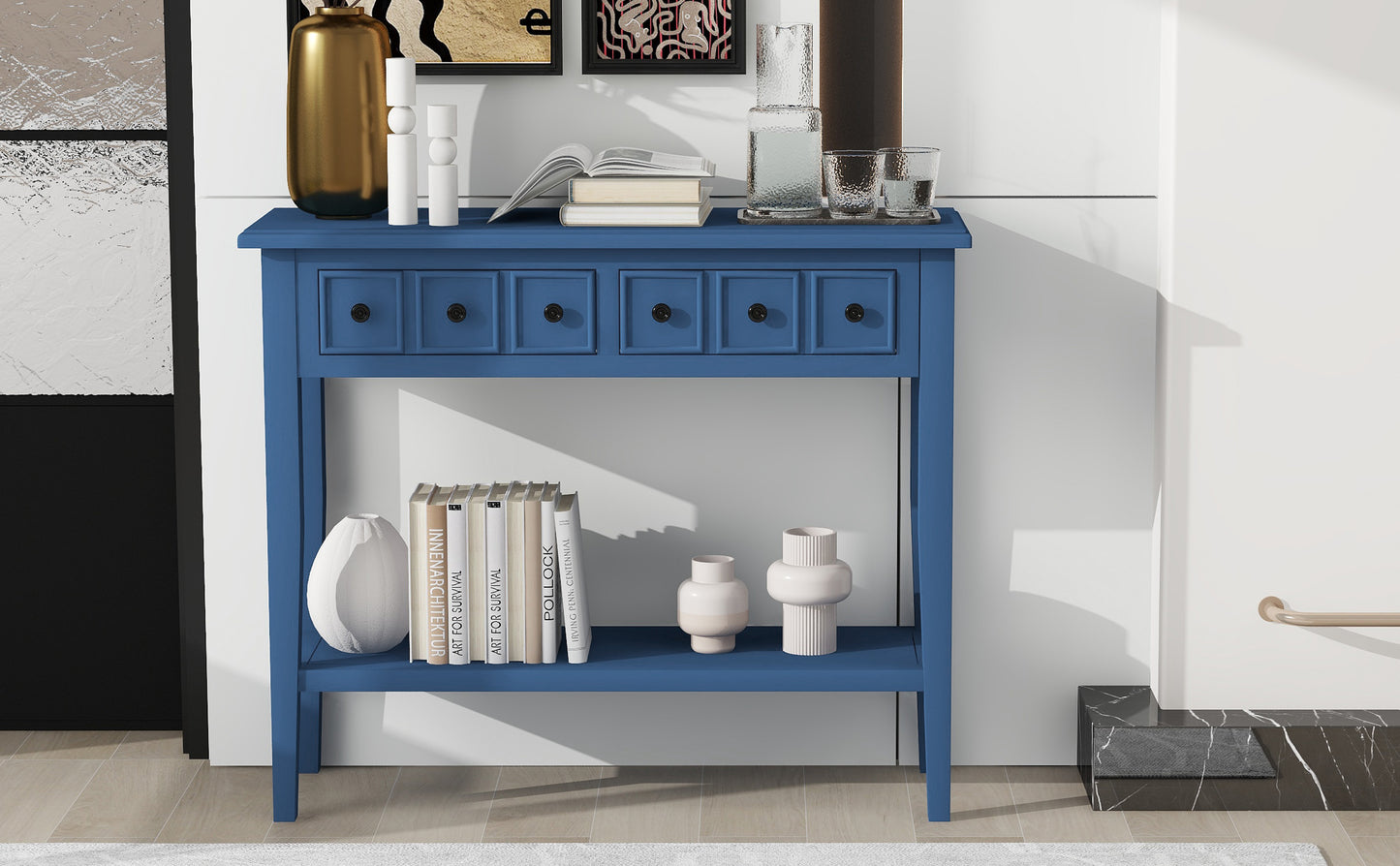 Rustic Console Table with Open Shelf, Rubber Wood Legs, Ideal for Entryways, Living Rooms, and Hallways (Navy)