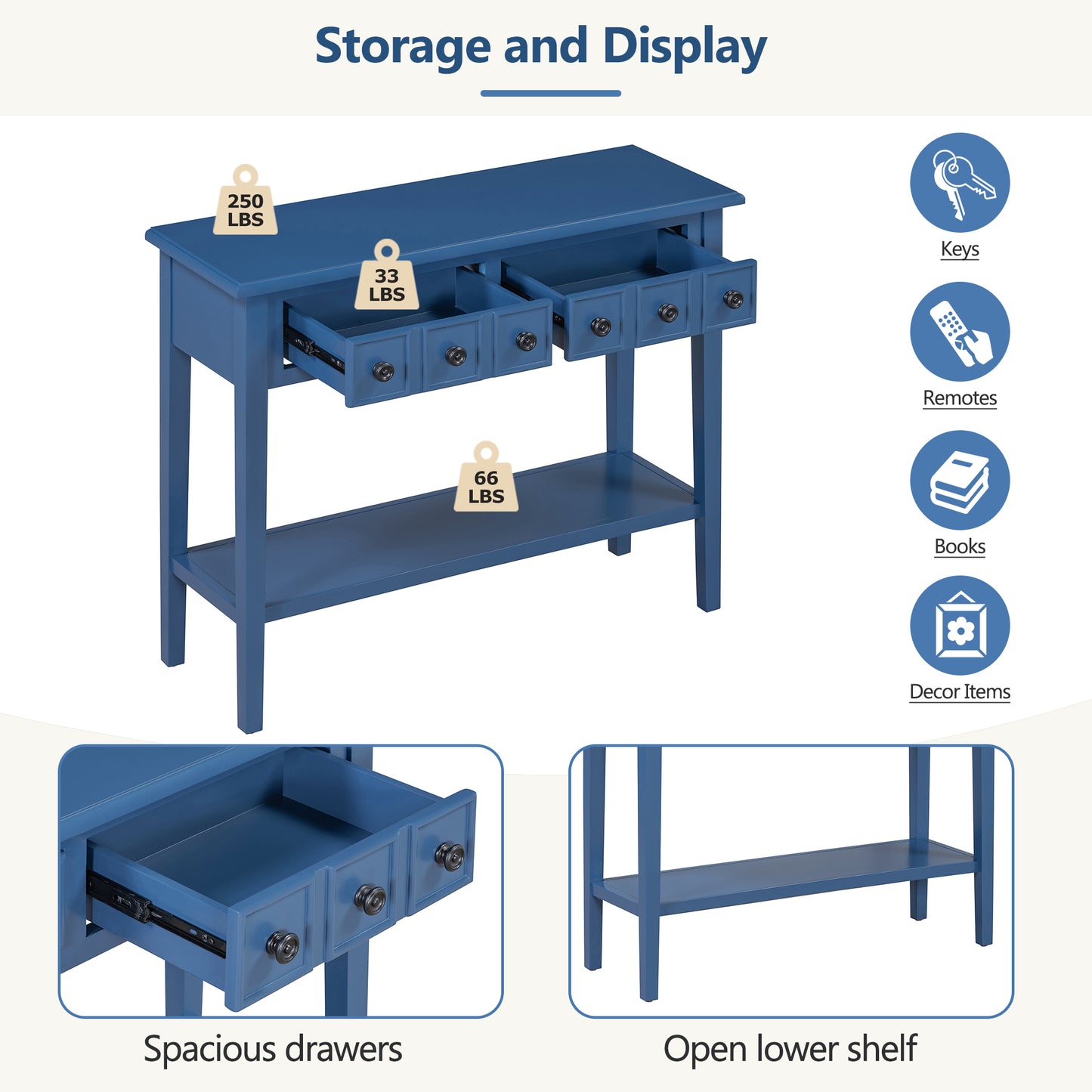 Rustic Console Table with Open Shelf, Rubber Wood Legs, Ideal for Entryways, Living Rooms, and Hallways (Navy)