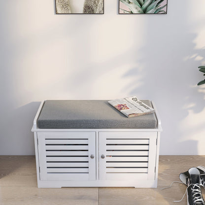 Shoe Storage Bench with Padded Seat Cushion, Entryway Bench with 2 Barn Doors-White