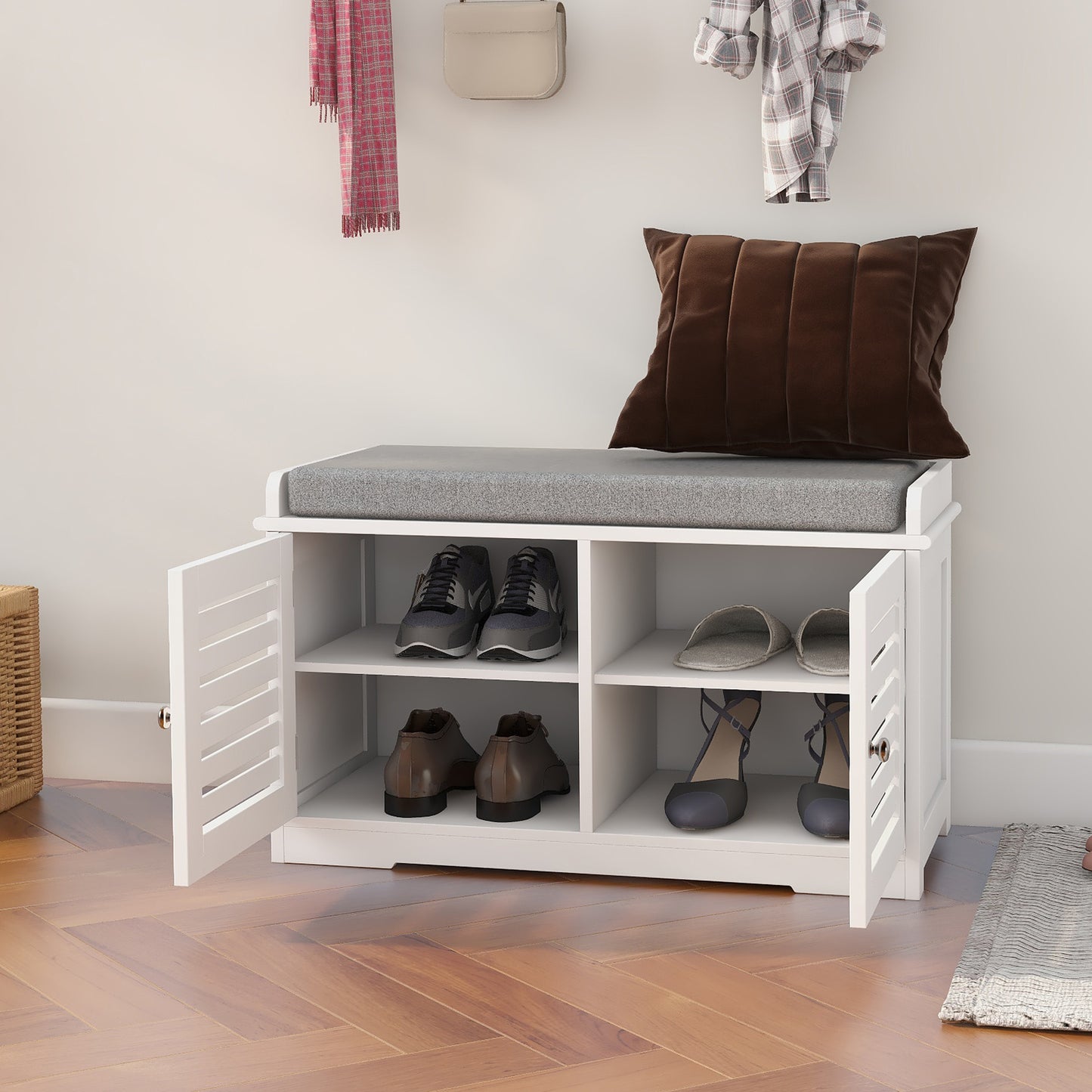 Shoe Storage Bench with Padded Seat Cushion, Entryway Bench with 2 Barn Doors-White