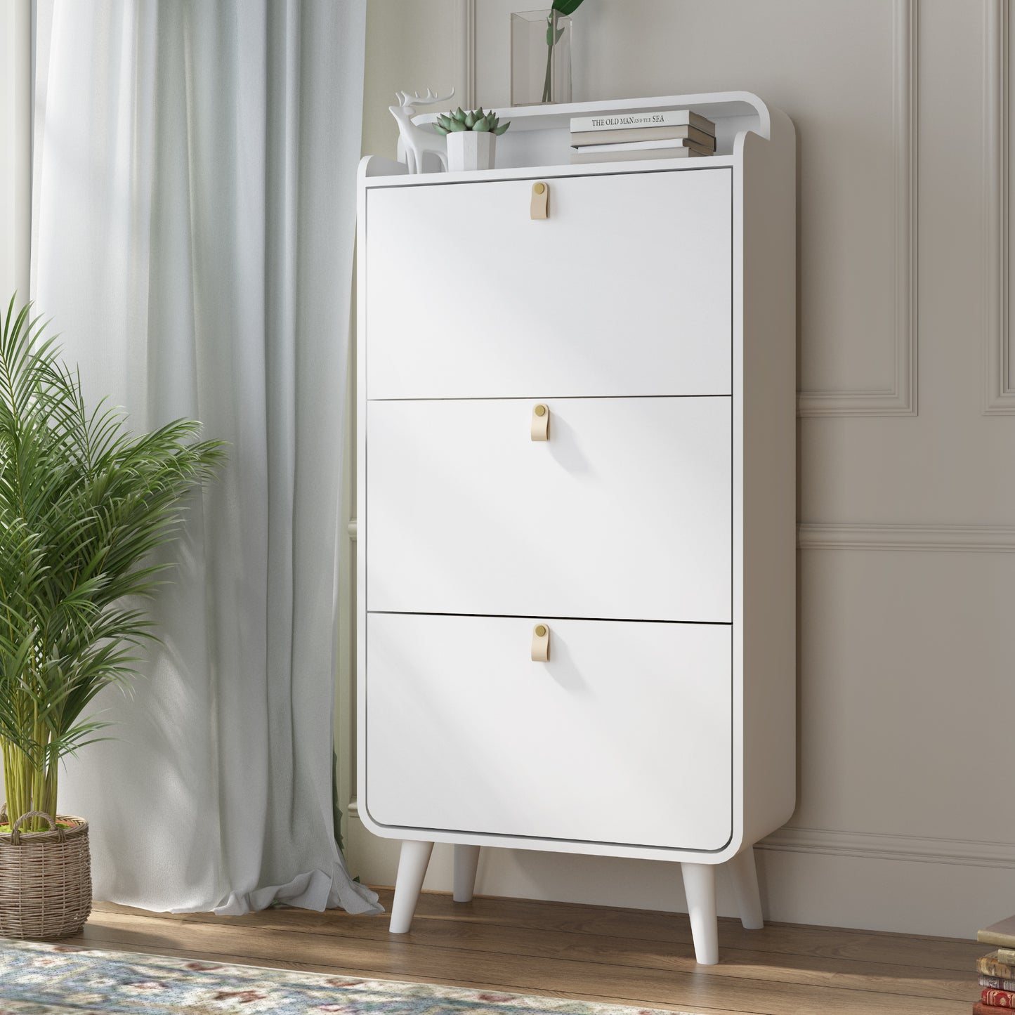 Modern Arc Design Shoe Cabinet With 3 Drawers,Shoe Storage Cabinet for Entryway,Outdoor,White Finish