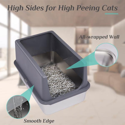 LARGE 60X40X41CM STAINLESS STEEL UPPER AND LOWER SNAP TYPE RECTANGULAR MAT WITH SHOVEL MAT GREY CAT LITTER BOX