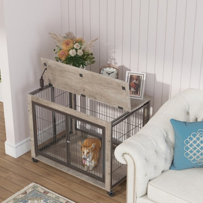 Furniture Style Dog Cage Side Table With Wheels With Double Doors And A Raised Top. Grey