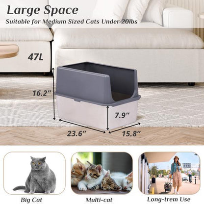 LARGE 60X40X41CM STAINLESS STEEL UPPER AND LOWER SNAP TYPE RECTANGULAR MAT WITH SHOVEL MAT GREY CAT LITTER BOX